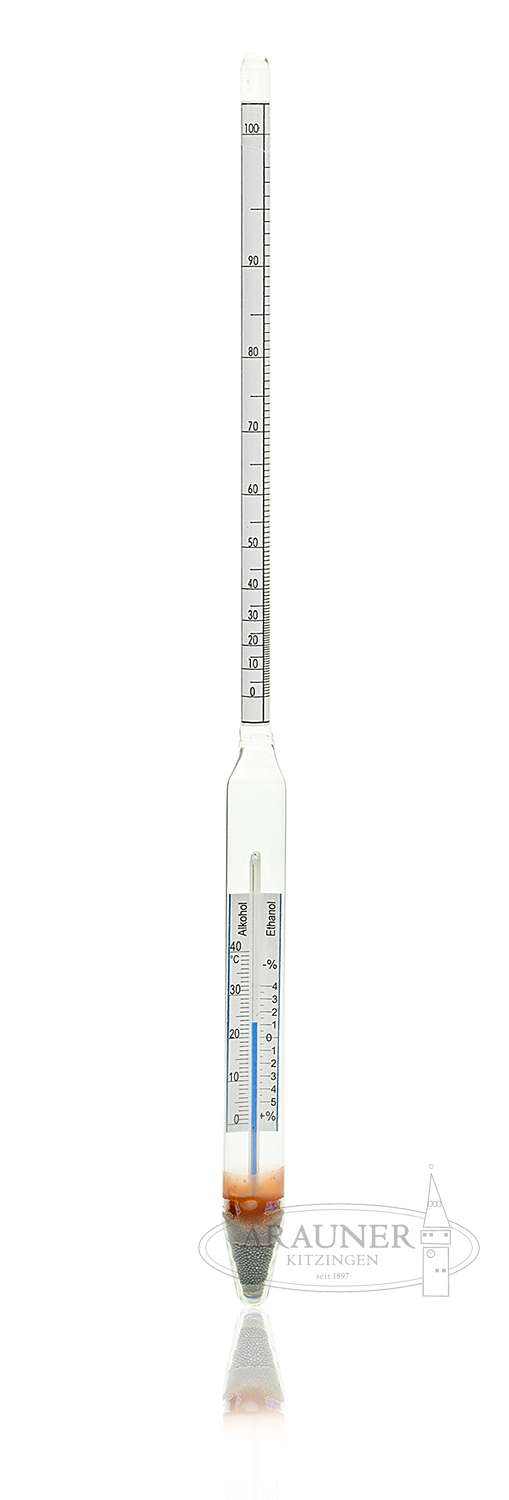 Alkoholmeter mit Thermometer und Temperaturkorrektion 0100  vol/% Made in Germany.
